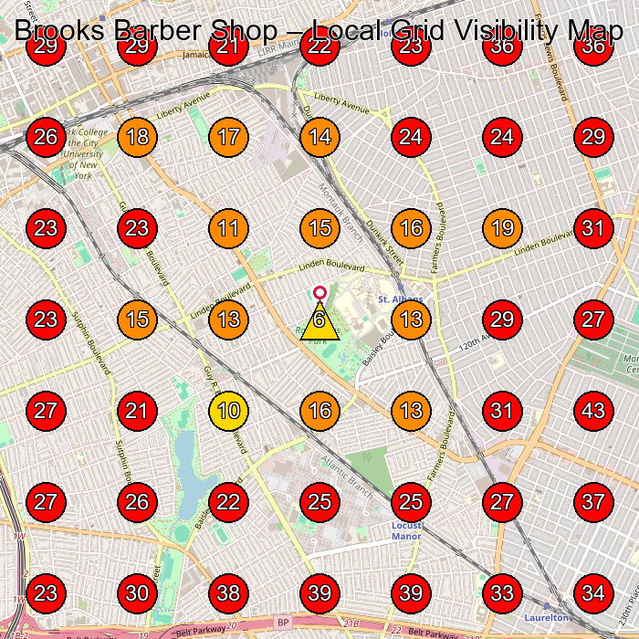 Brooks Barber Shop GeoGrid visibility map for Barber Shop in Jamaica